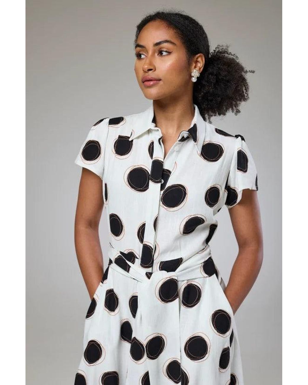 Lioness by Tf Black Absolute Polka Dot Linen Short Sleeve Shirt Dress