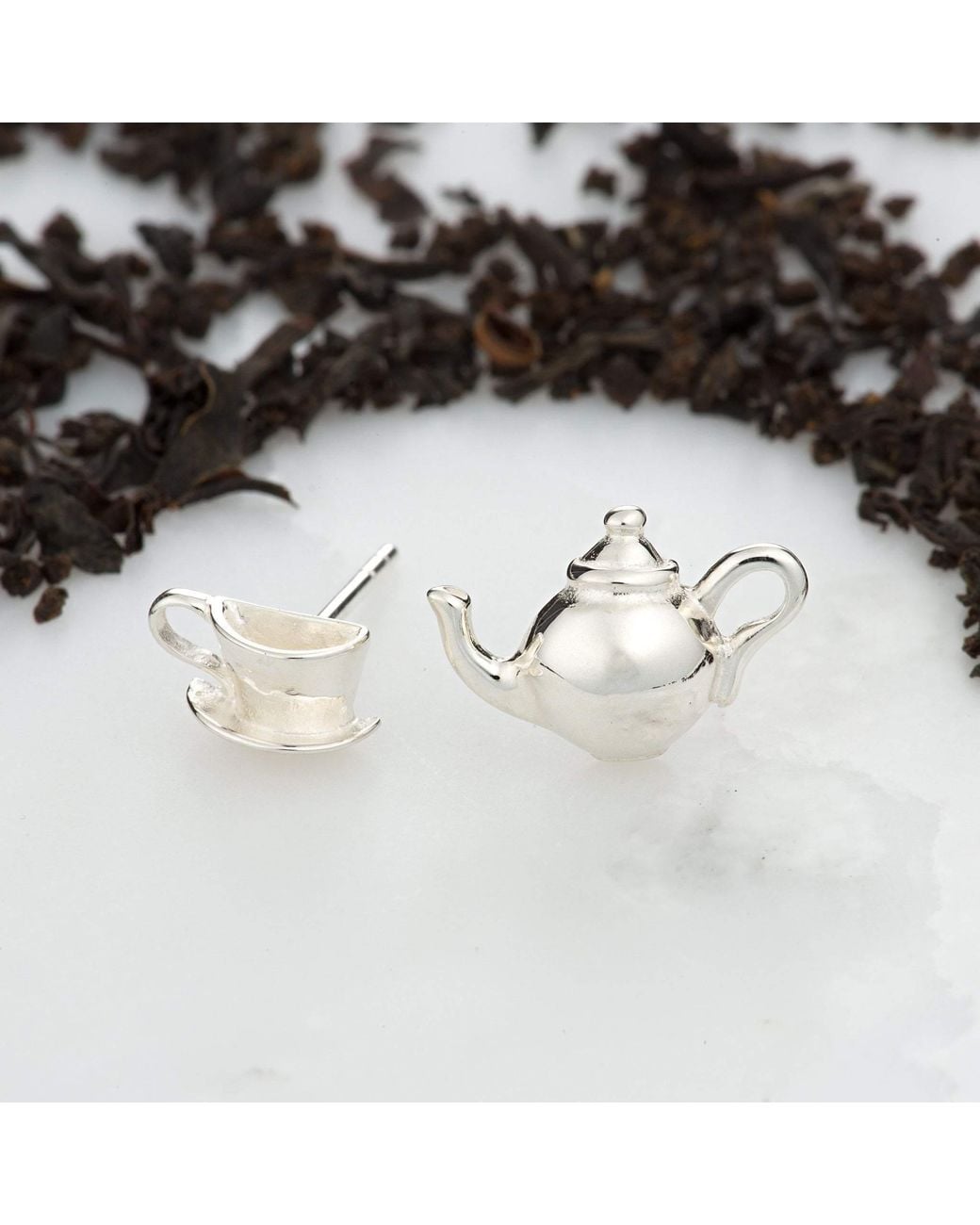 Lily Charmed Metallic Sterling Teapot & Teacup Stud Earrings