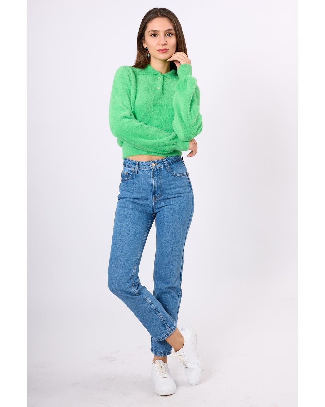 Peraluna Green Lucy Polo-Neck Crop Knit Blouse