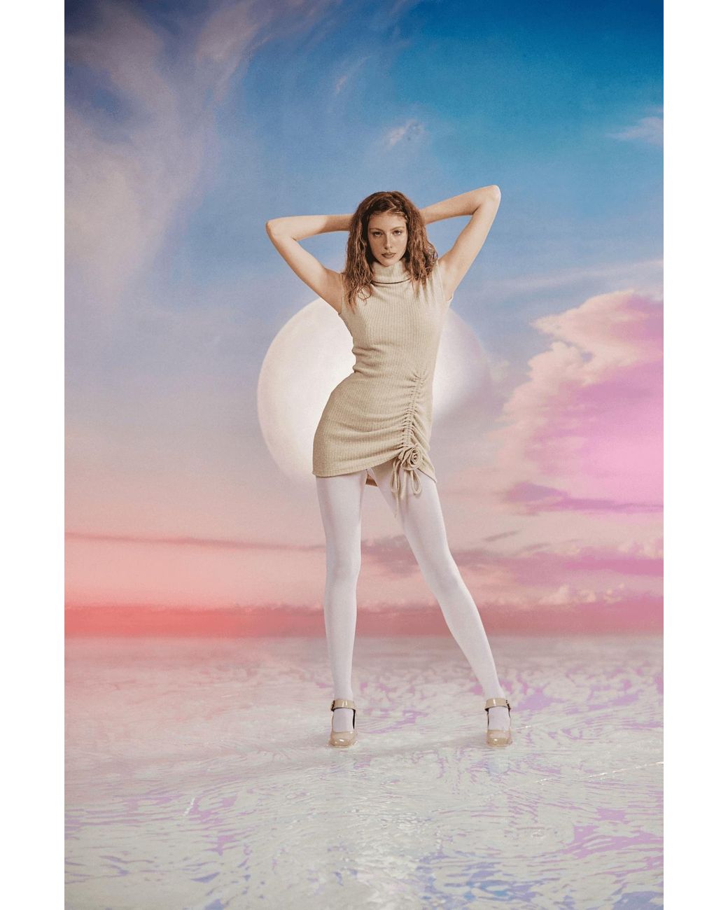 No'design White Neutrals Knit Mini Dress With Rose Detail Ecru