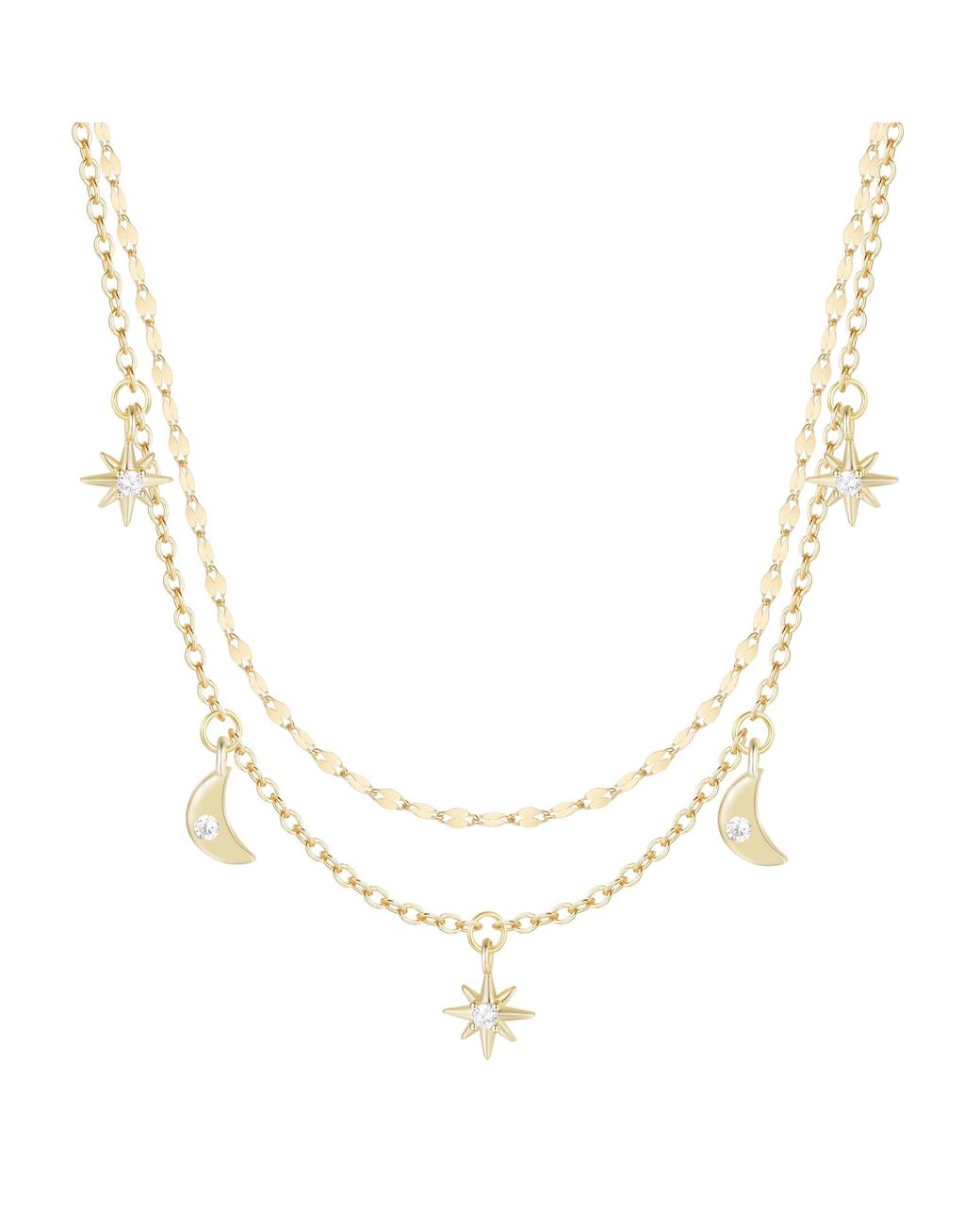 KAMARIA Metallic Moon & Stars Celestial Double Layering Necklace