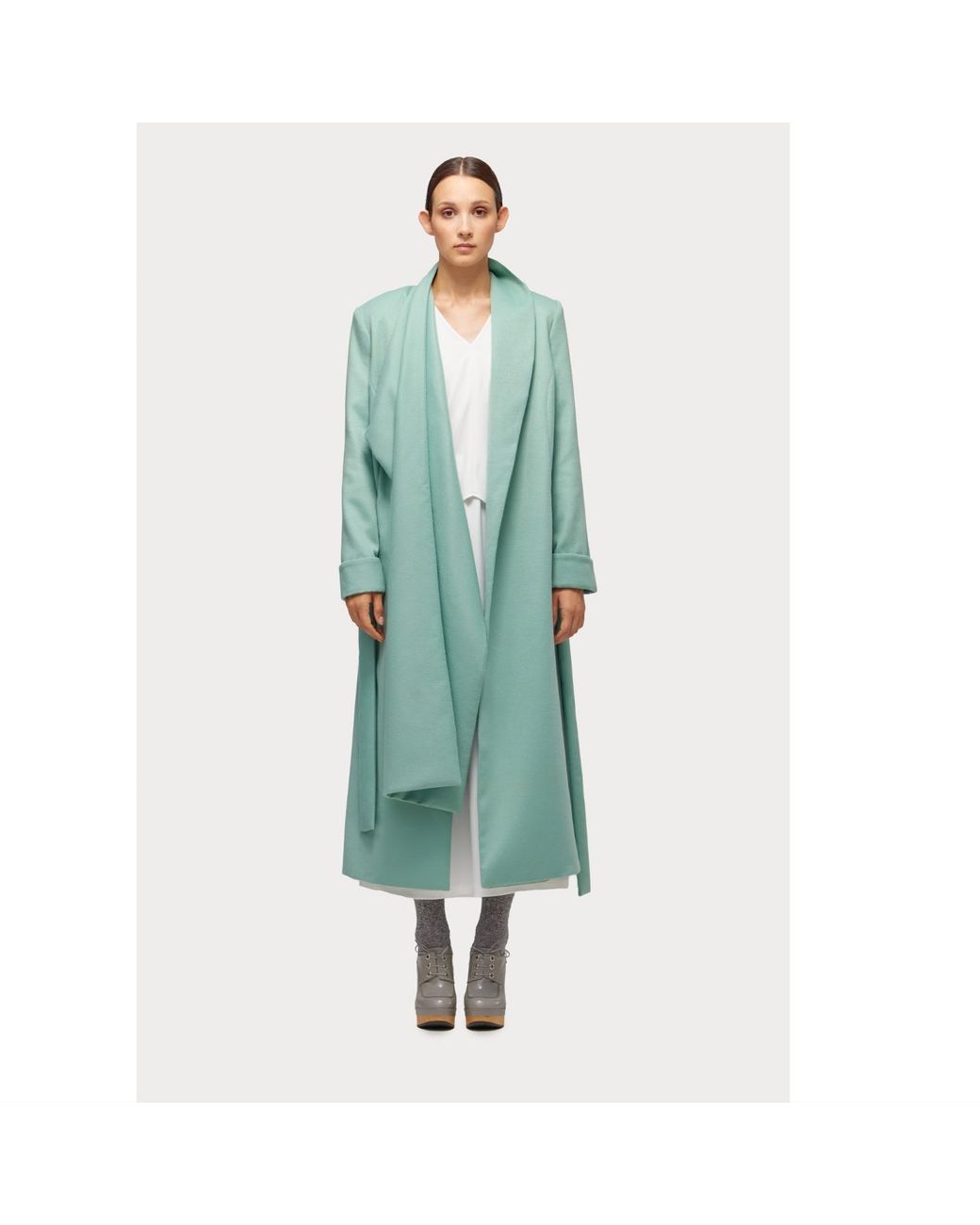 Julia Allert Green Long Wrap Coat With Drape Collar Mint