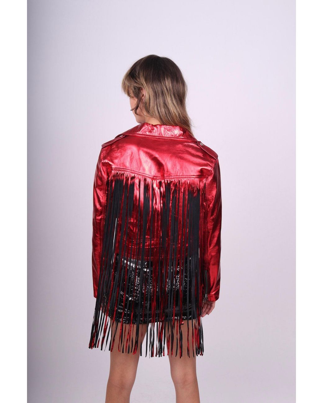 Any Old Iron Red Metallic Peril Leather Fringe Moto Jacket