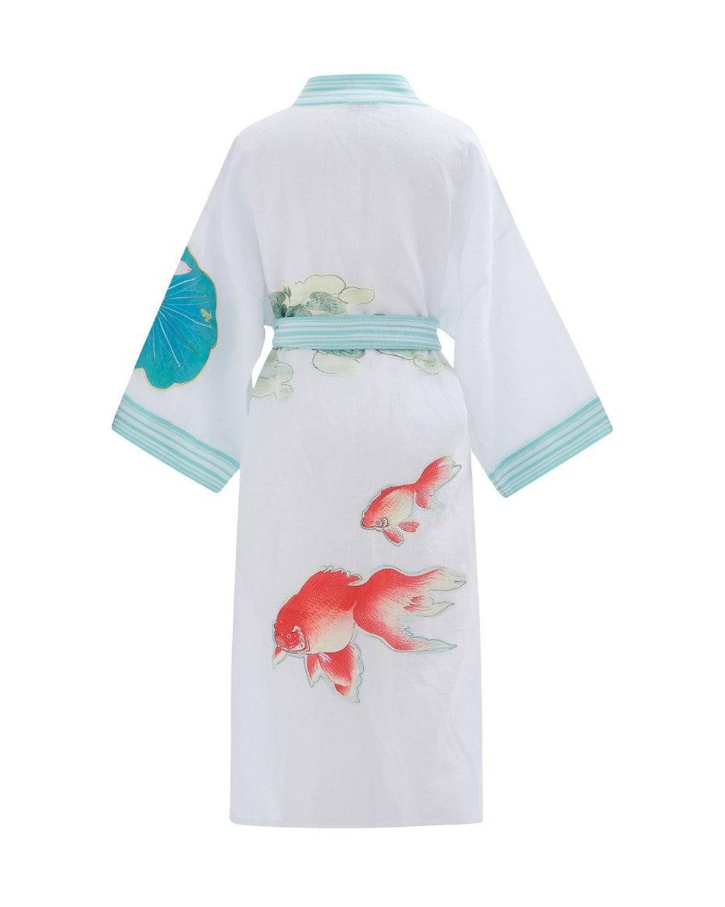 Peraluna Blue Lotus Flower And Fish Applique Linen Kimono