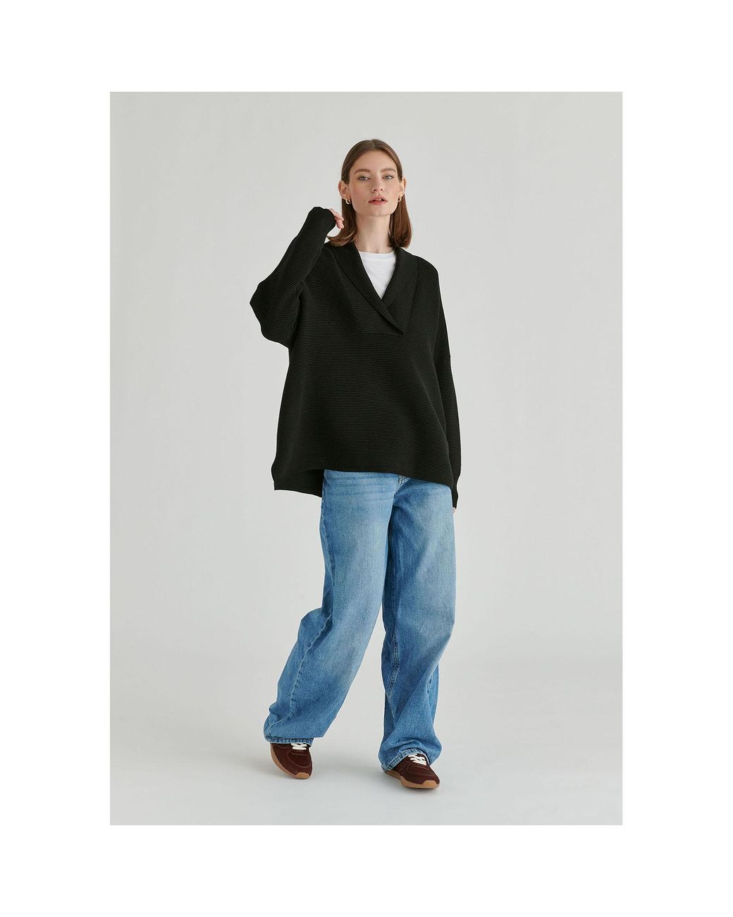 Paisie Black Shawl Collar Ribbed Jumper