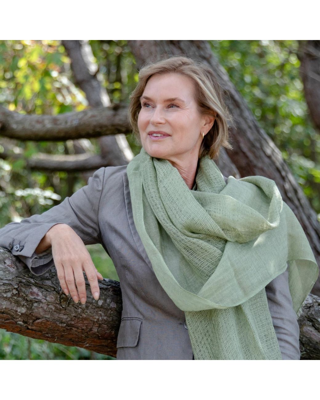 Heritagemoda Green Neutrals Handmade Light Khaki Linen Scarf