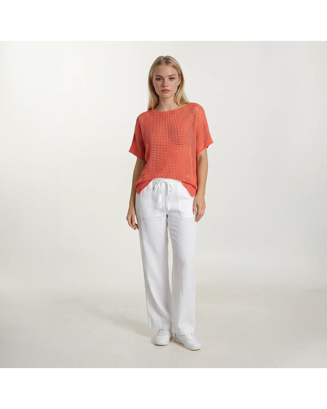Haris Cotton Orange Knitted Batwing Blouse With Lurex Thread Coral