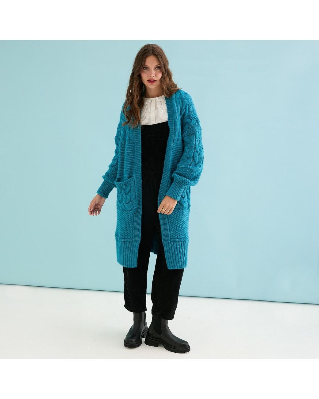 Cara & The Sky Blue Alex Balloon Sleeve Cable Maxi Cardigan