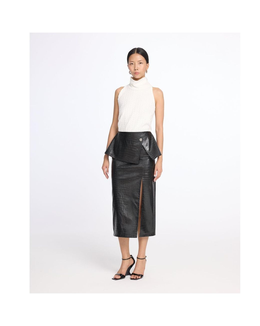 Mirimalist Black Croco Leather Midi Skirt
