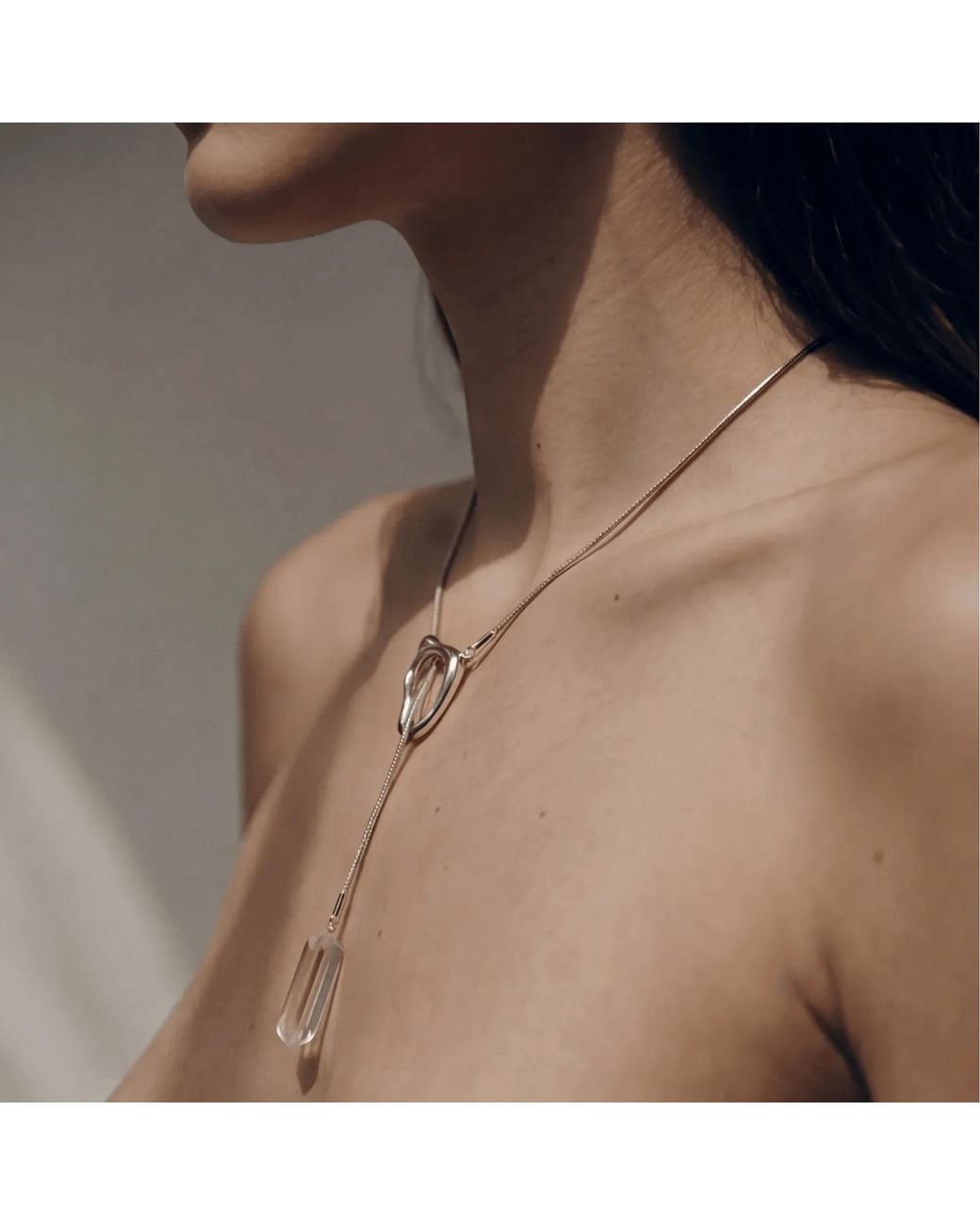 Ormiro Metallic Aether Clear Quartz Crystal And Titanium Steel Lariat Necklace