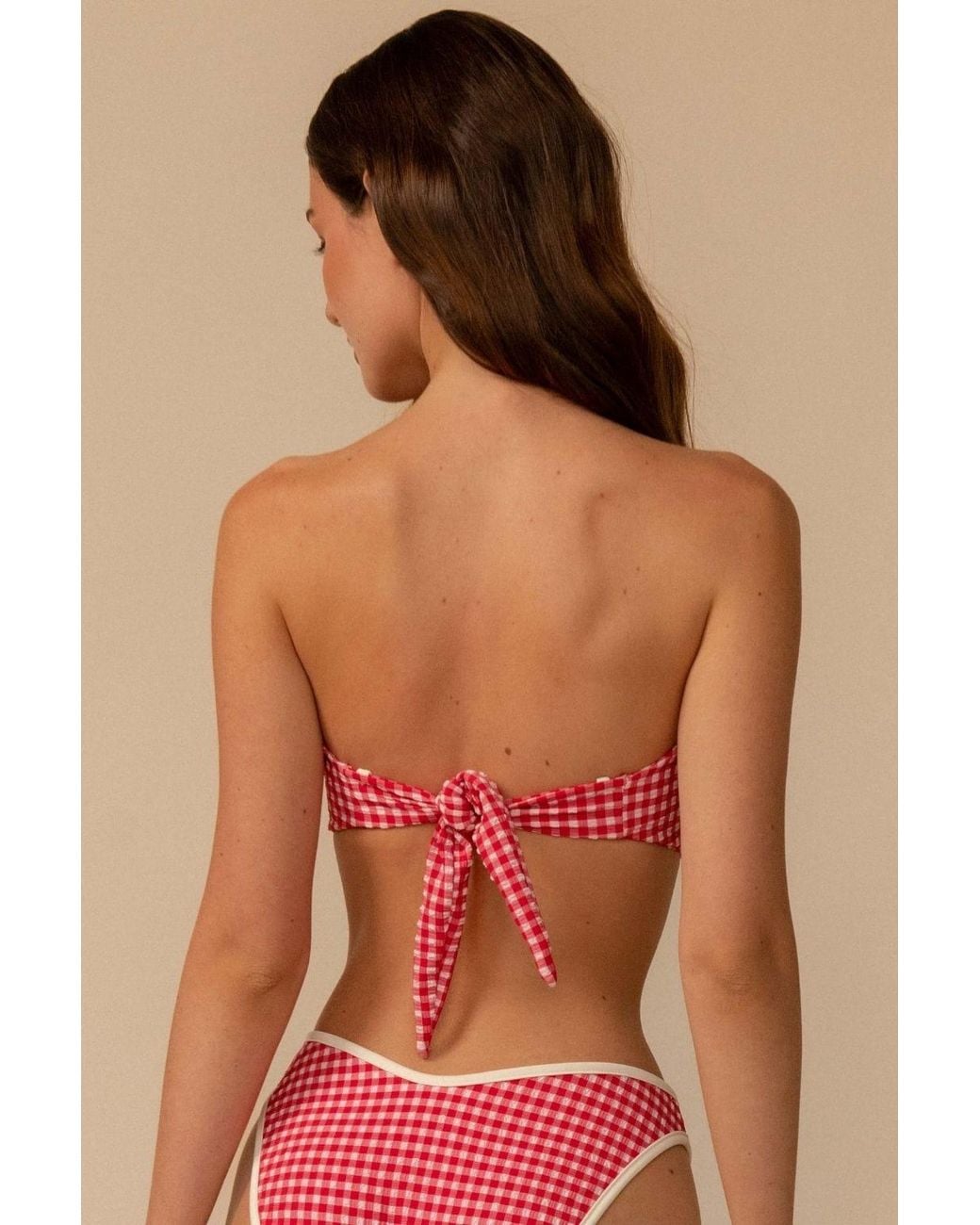 Montce Red Micro Gingham Binded Tori Ties Bandeau Bikini Top