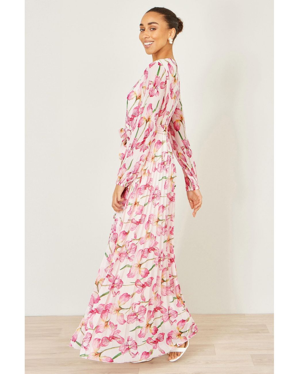 Yumi' Pink Neutrals Orchid Floral Pleated Wrap Maxi Dress
