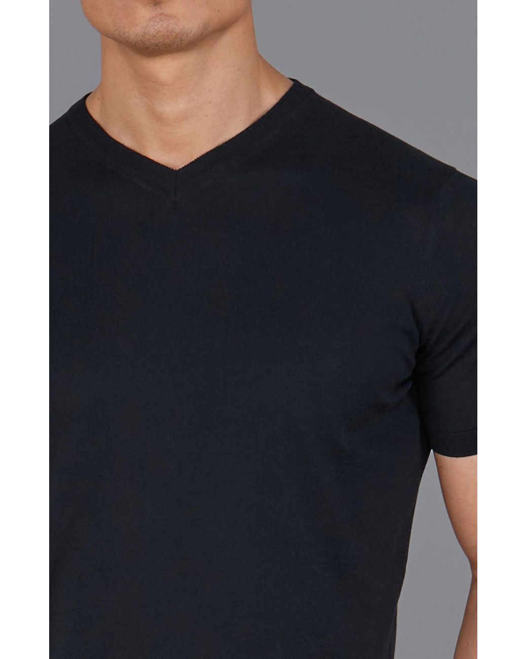 Paul James Knitwear Black Superfine Mercerised Cotton Adriano V Neck Knitted T-Shirt for men