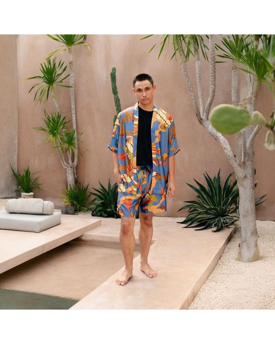 ORIGIN OF HEARTS Blue Simba Floral Festival Satin Kimono Shirt for men