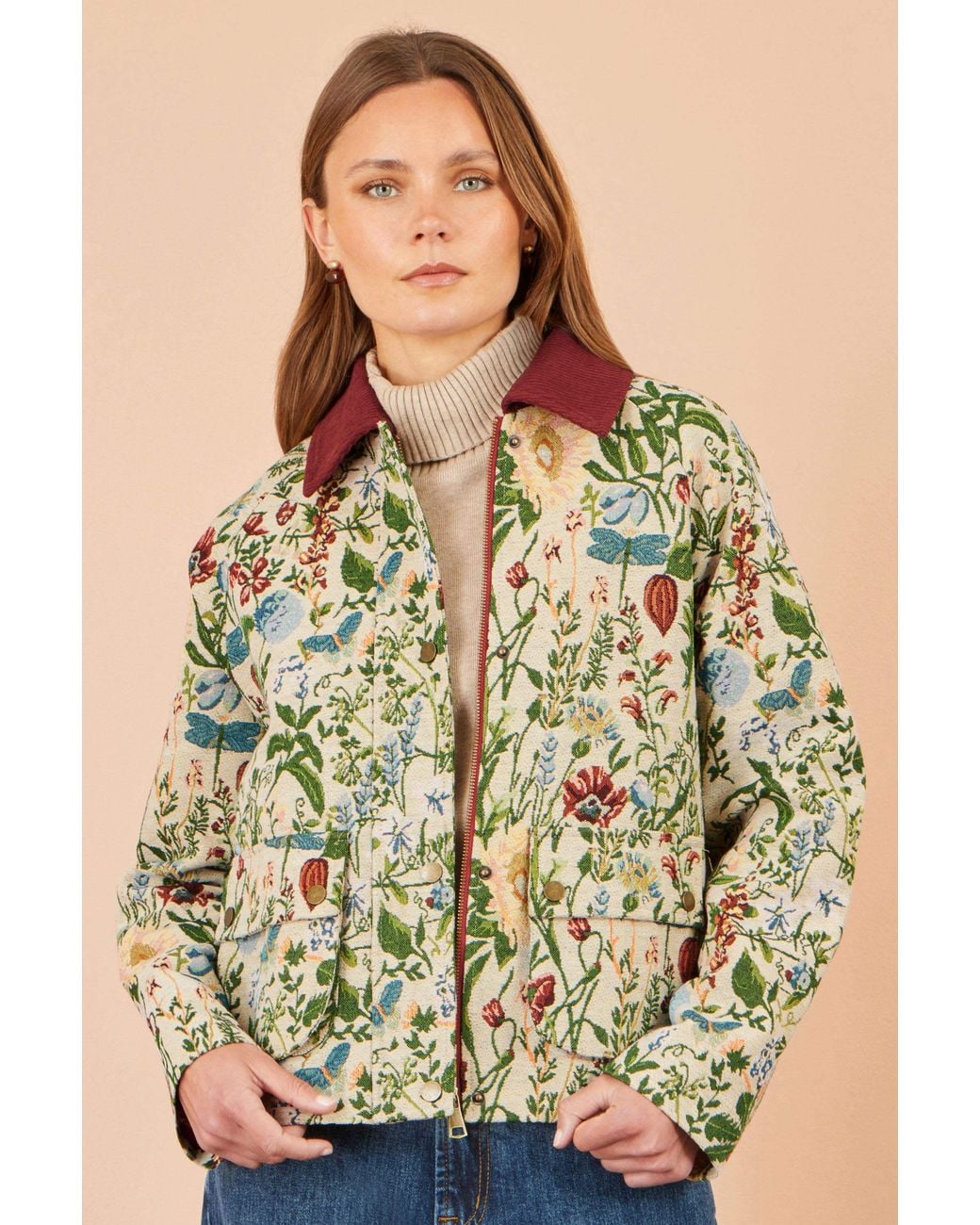 Yumi' Green Ivory Botanical Woven Bomber Jacket