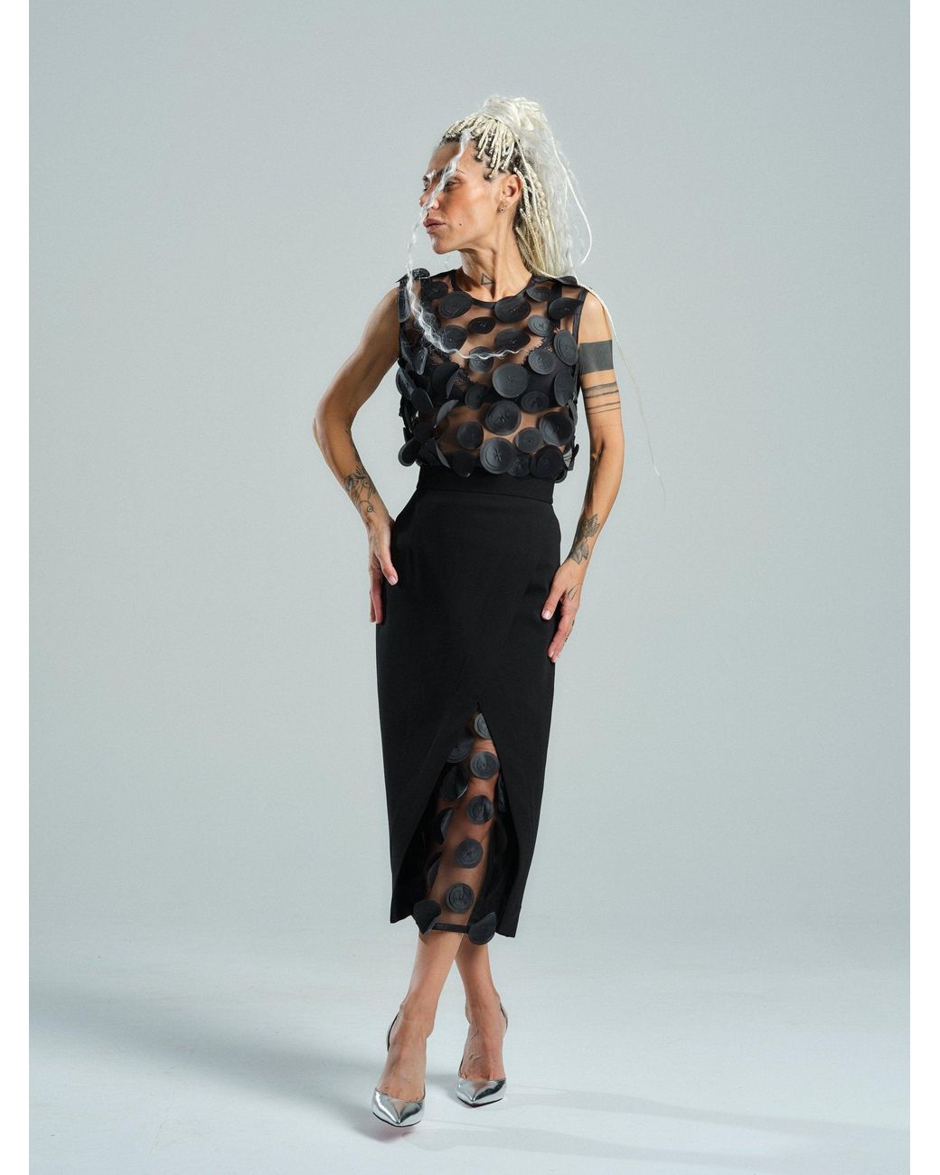 Clothes by Locker Room Black Appliqué-Detailed Mesh Top & Pencil Skirt Co-Ord Set