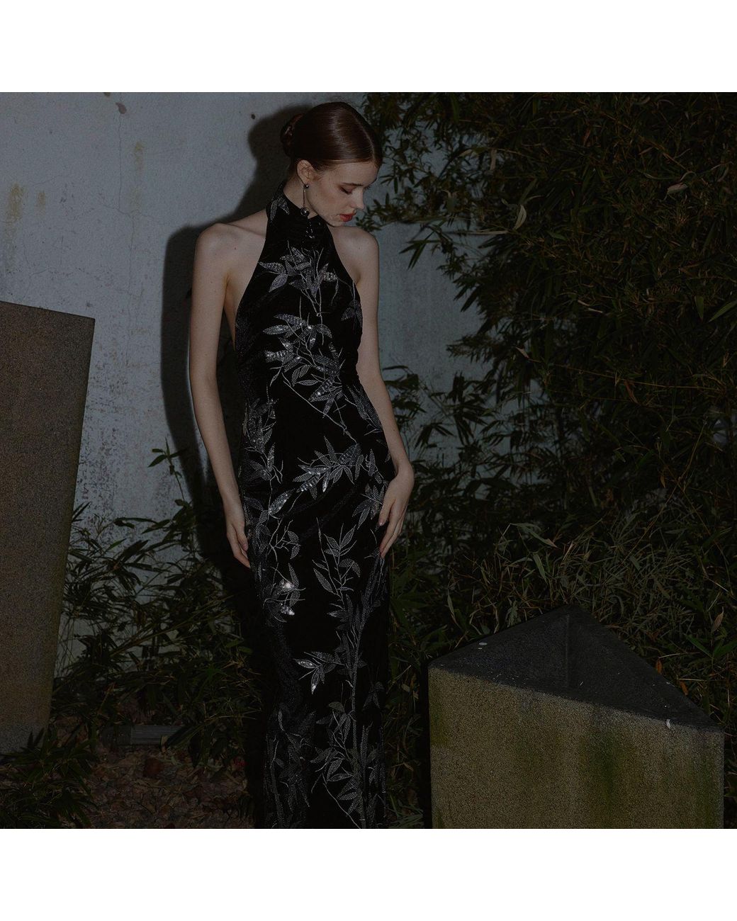 Belsize25 Black Bamboo Leaf Beaded Embroidered Halterneck Gown