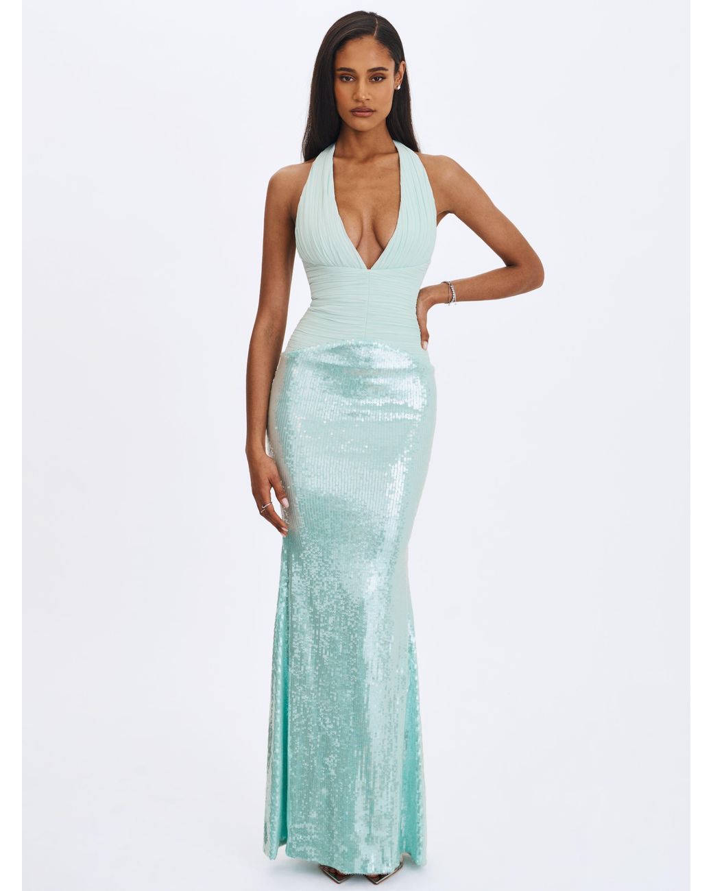 Miss Circle New York Green Wendale Mint Sequin Plunging Mermaid Maxi Dress