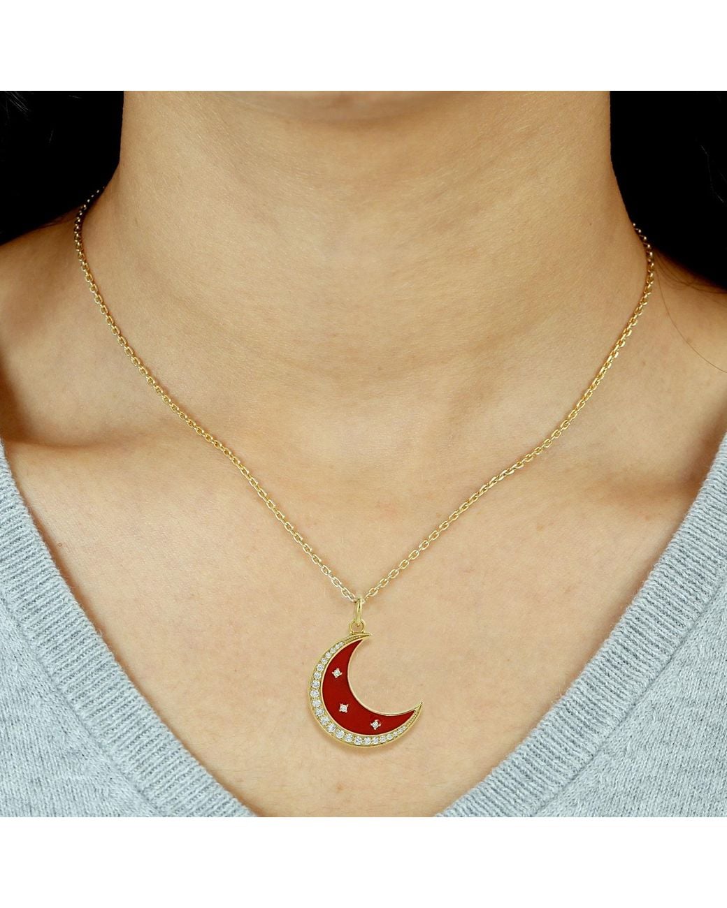 Artisan Red 14K Enamel Crescent Moon Diamond Pendant