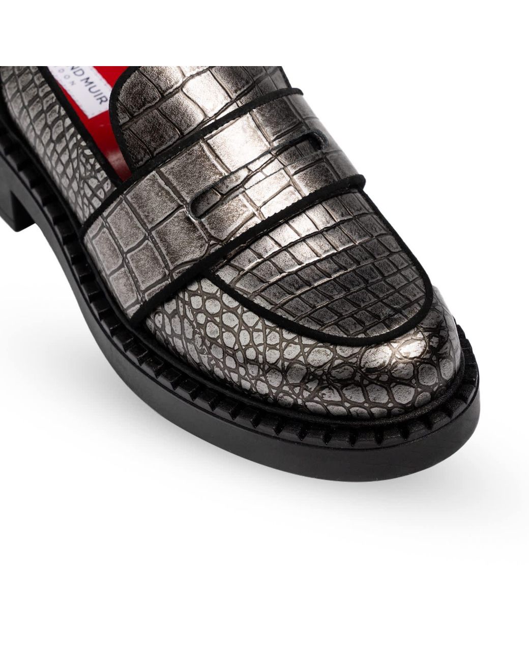 Rosamund Muir London Black Stratford Pewter Metallic Crocodile Print Loafers