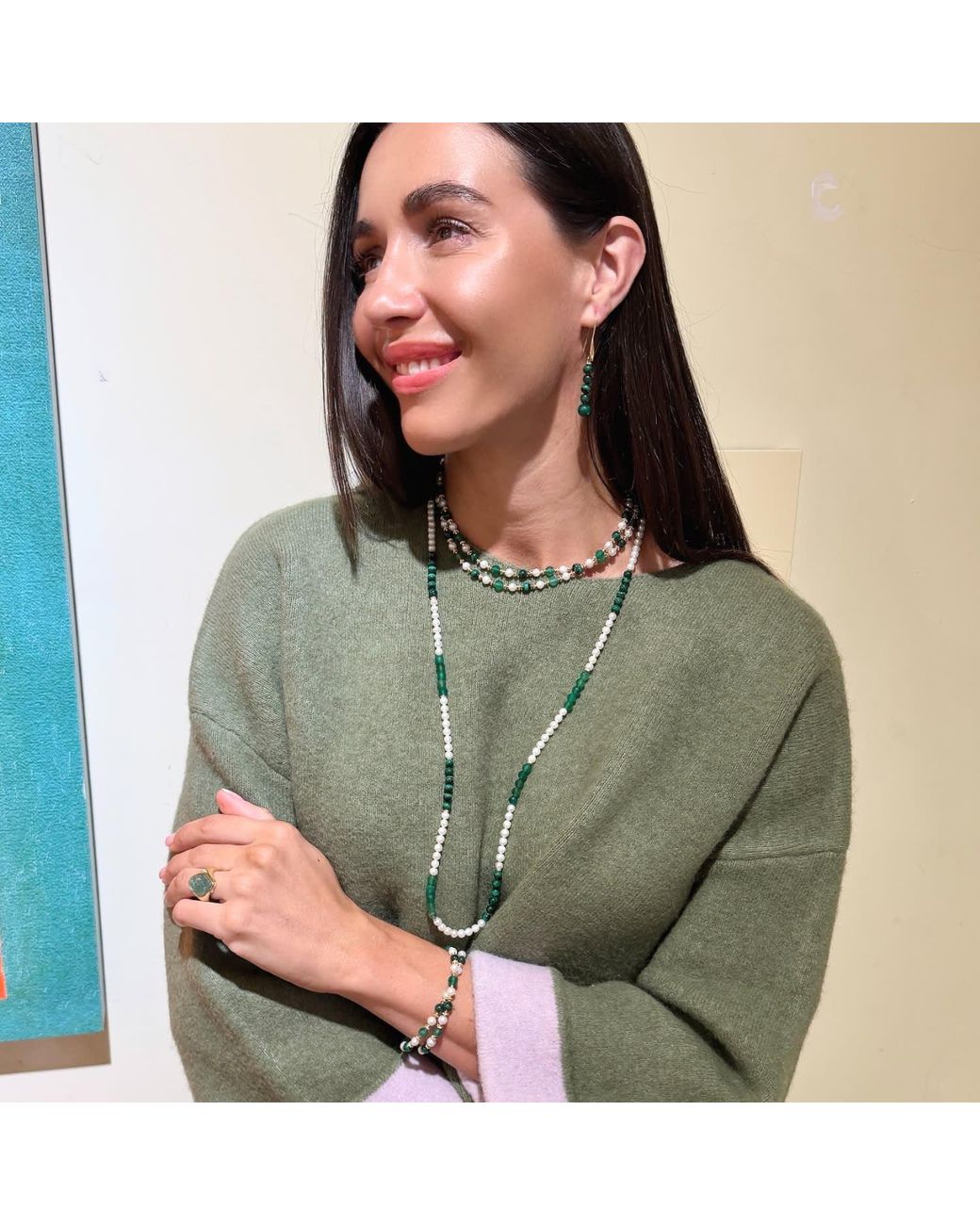 Farra Green Freshwater Pearl With Malachite And Agate Long Necklace