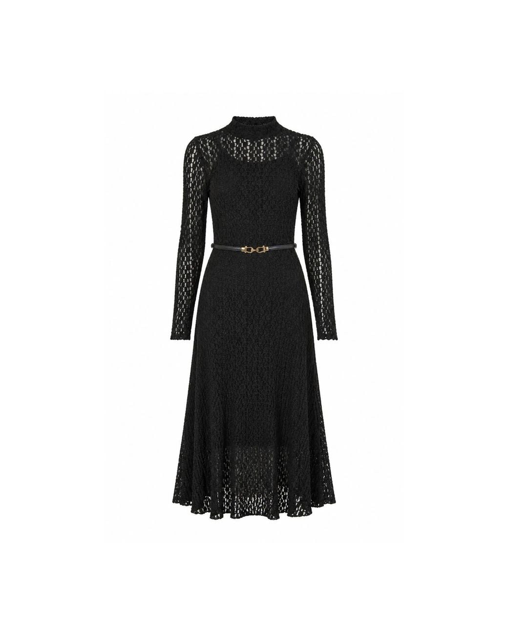 Yumi' Black High Neck Lace Midi Dress