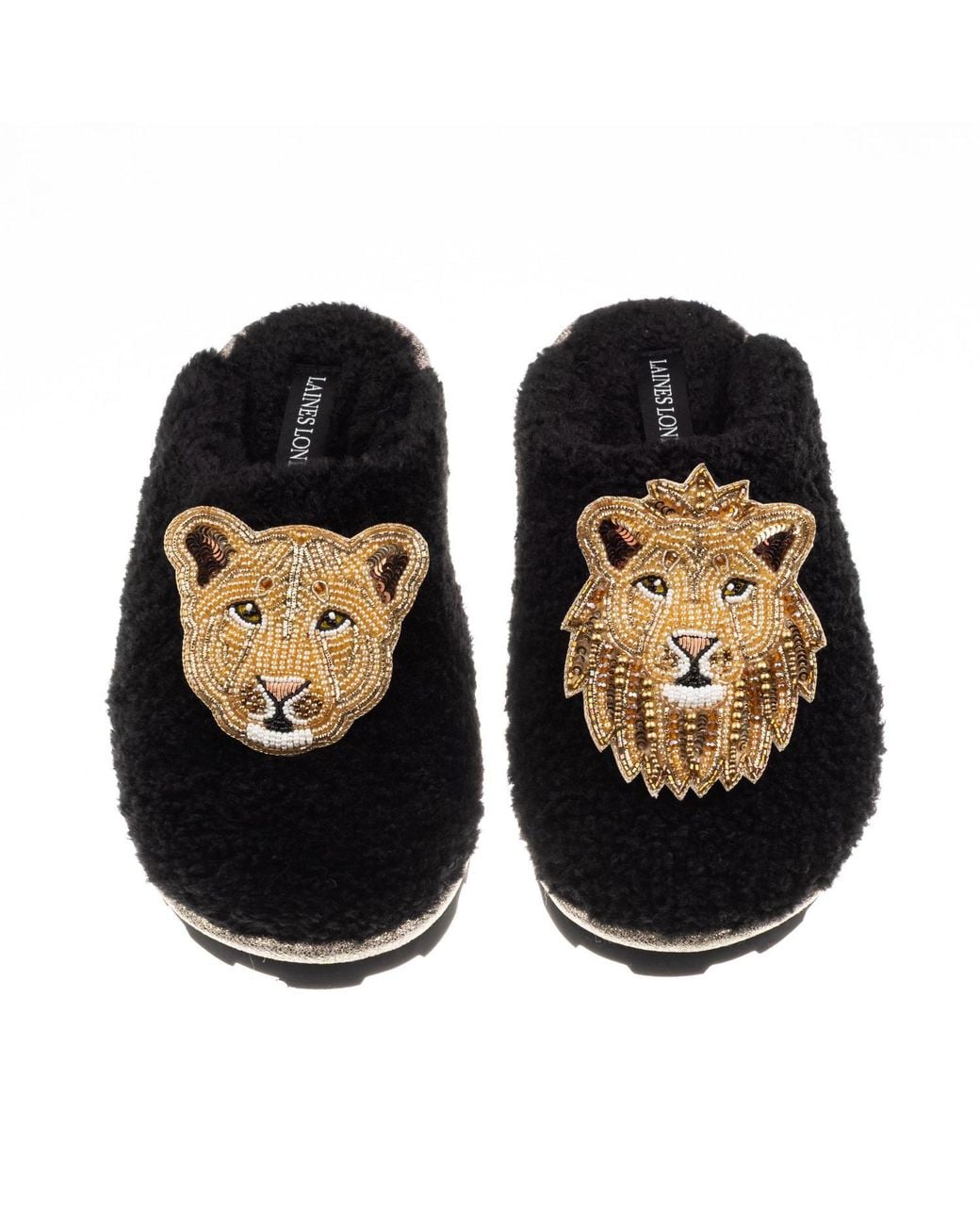 Laines London Black Teddy Closed Toe Slippers With Lion & Lioness Brooches