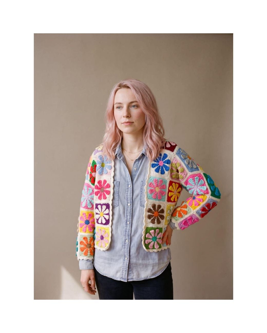 Ana Chic White Flower Square Handmade Crochet Cardigan