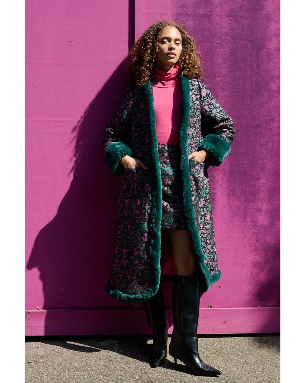 Louche Blue Delphia Belle Plume Jacquard Fur Trim Opera Coat