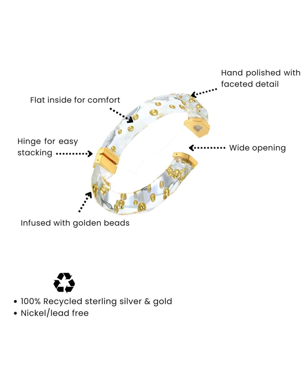 Gold & Honey Metallic Thin Clear Faceted Lucite Bangle With Beads