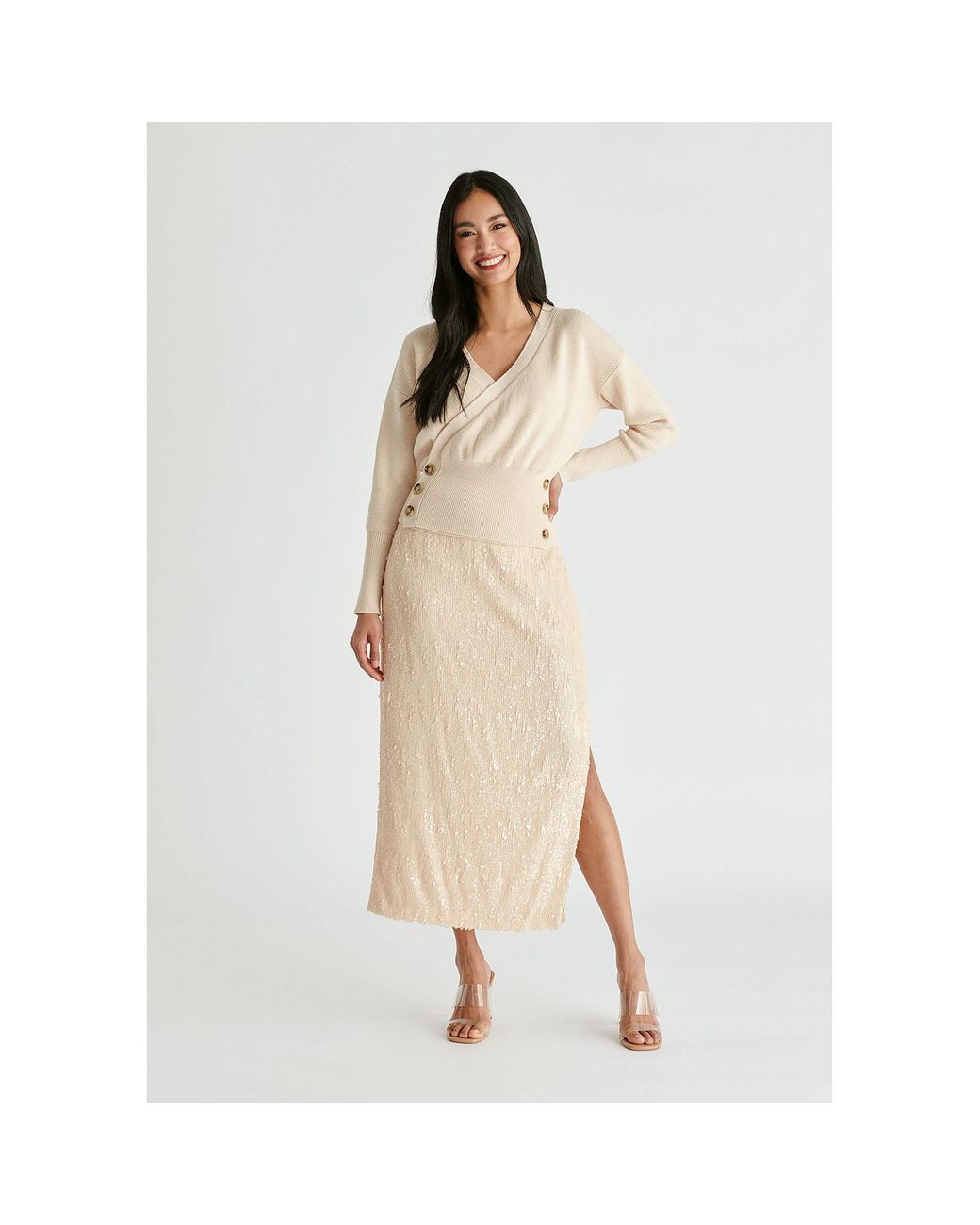Paisie Natural Neutrals Knitted Wrap Top With Side Buttons