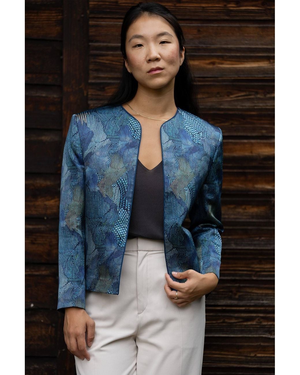 Stovaria Blue Peacock Pure Silk Statement Jacket