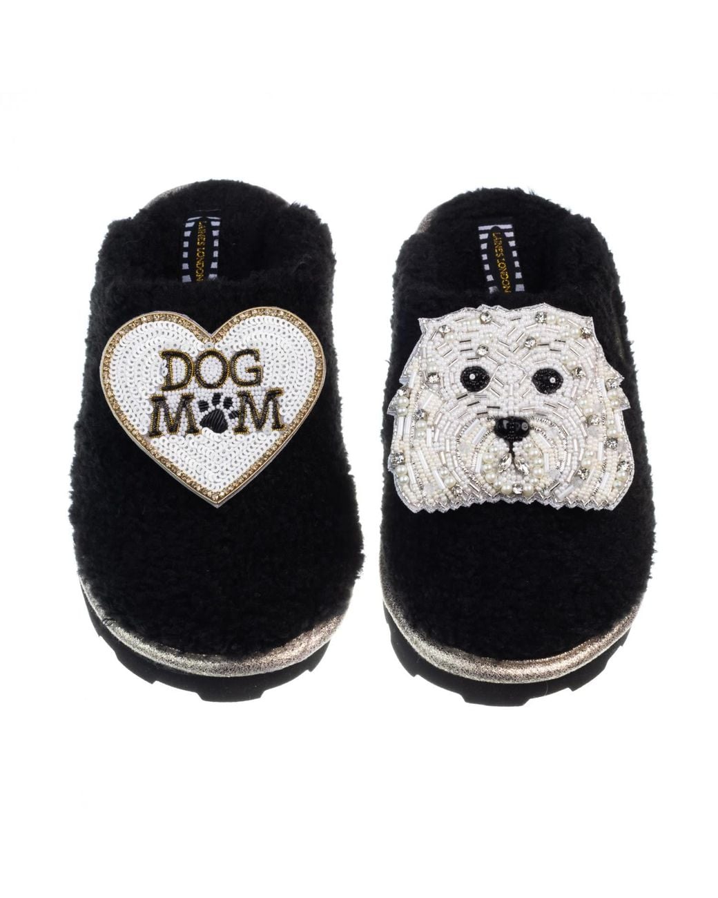 Laines London Black Teddy Closed Toe Slippers With Queenie The Bichon Frise & Dog Mum Mom Brooches