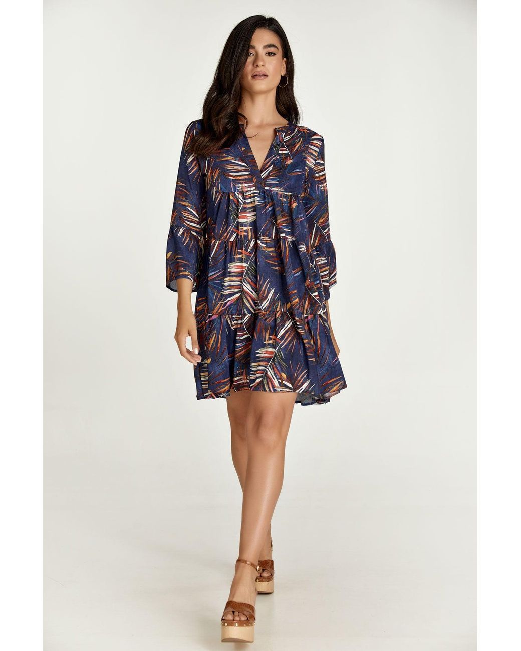 Conquista Blue Leaf Print A Line Dress With Bell Sleeves