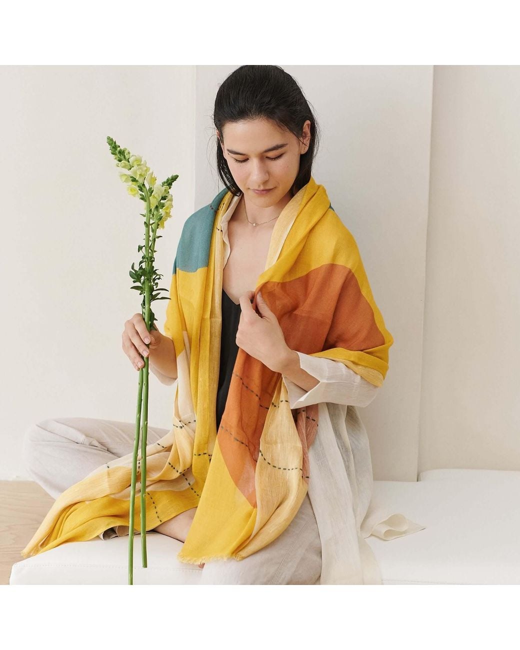 Variously Yellow Cirq Sun Modern Artisan Linen Silk Scarf