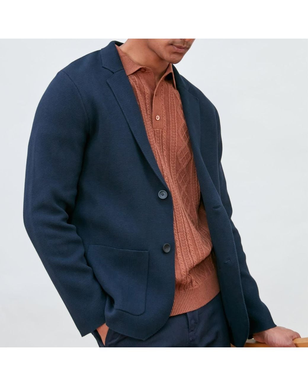 Paul James Knitwear Blue Cotton Deconstructed Knitted Gabriel Blazer for men