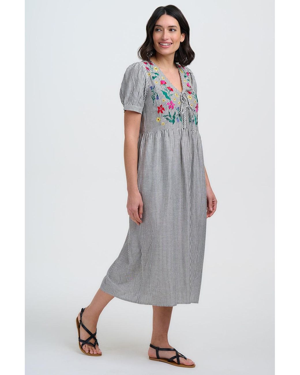 Sugarhill Gray Ruby Midi Smock Dress Monochrome Stripe, Garden Floral