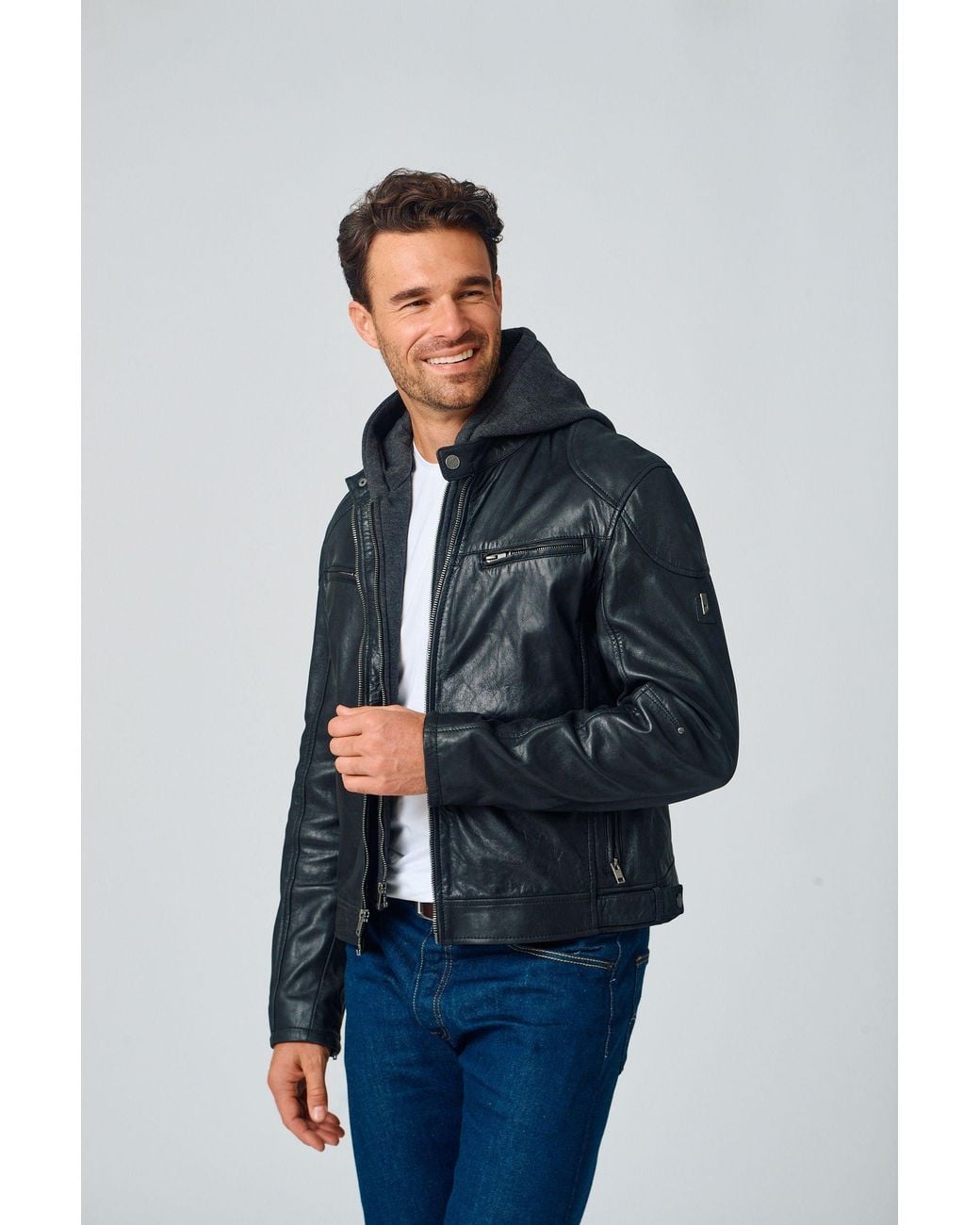 Mauritius Black Removable Hood Leather Jacket Biko for men