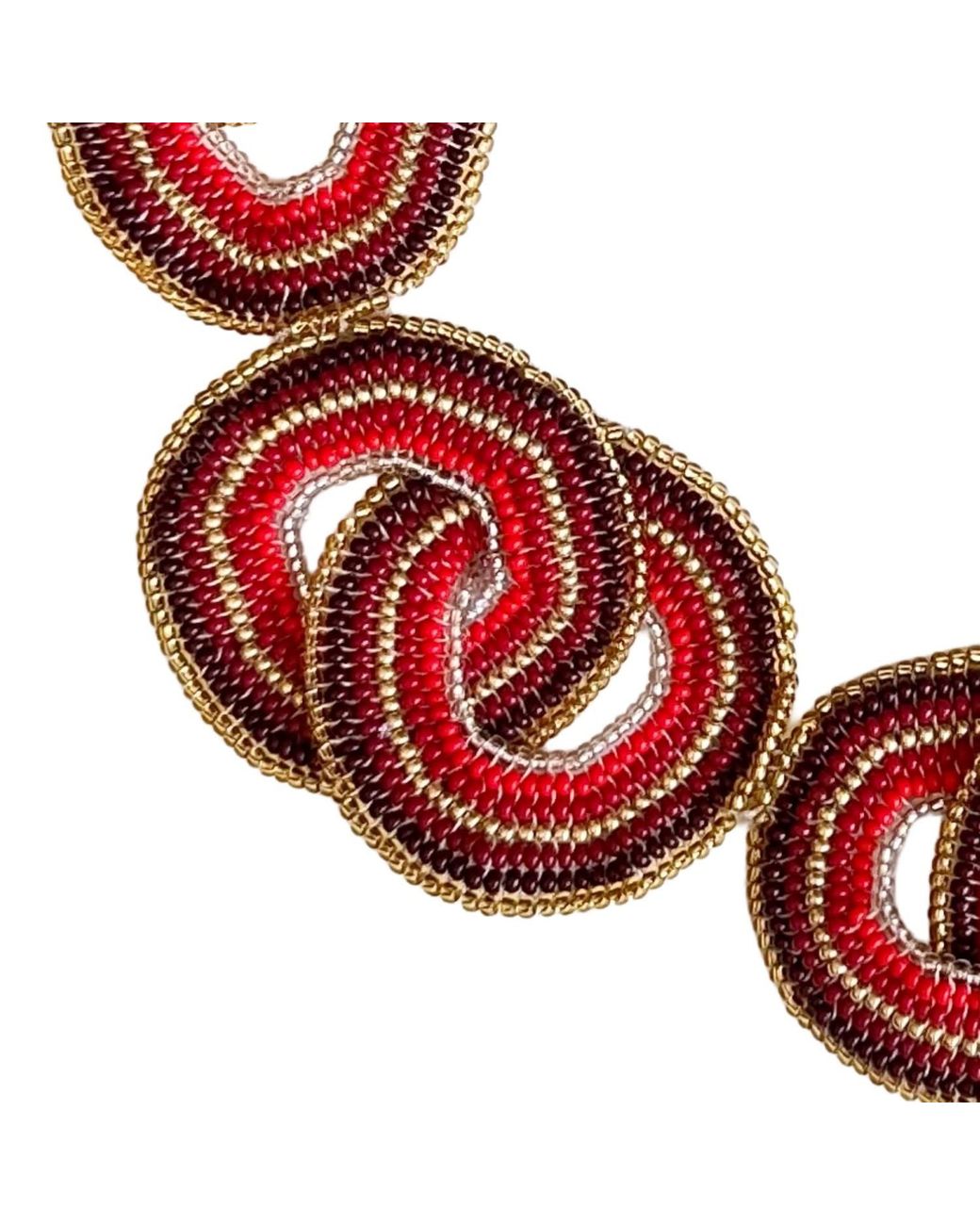 Iliana Arrazola Red Crisscrossed Circle Necklace, Glass Beads, Beaded Jewelry