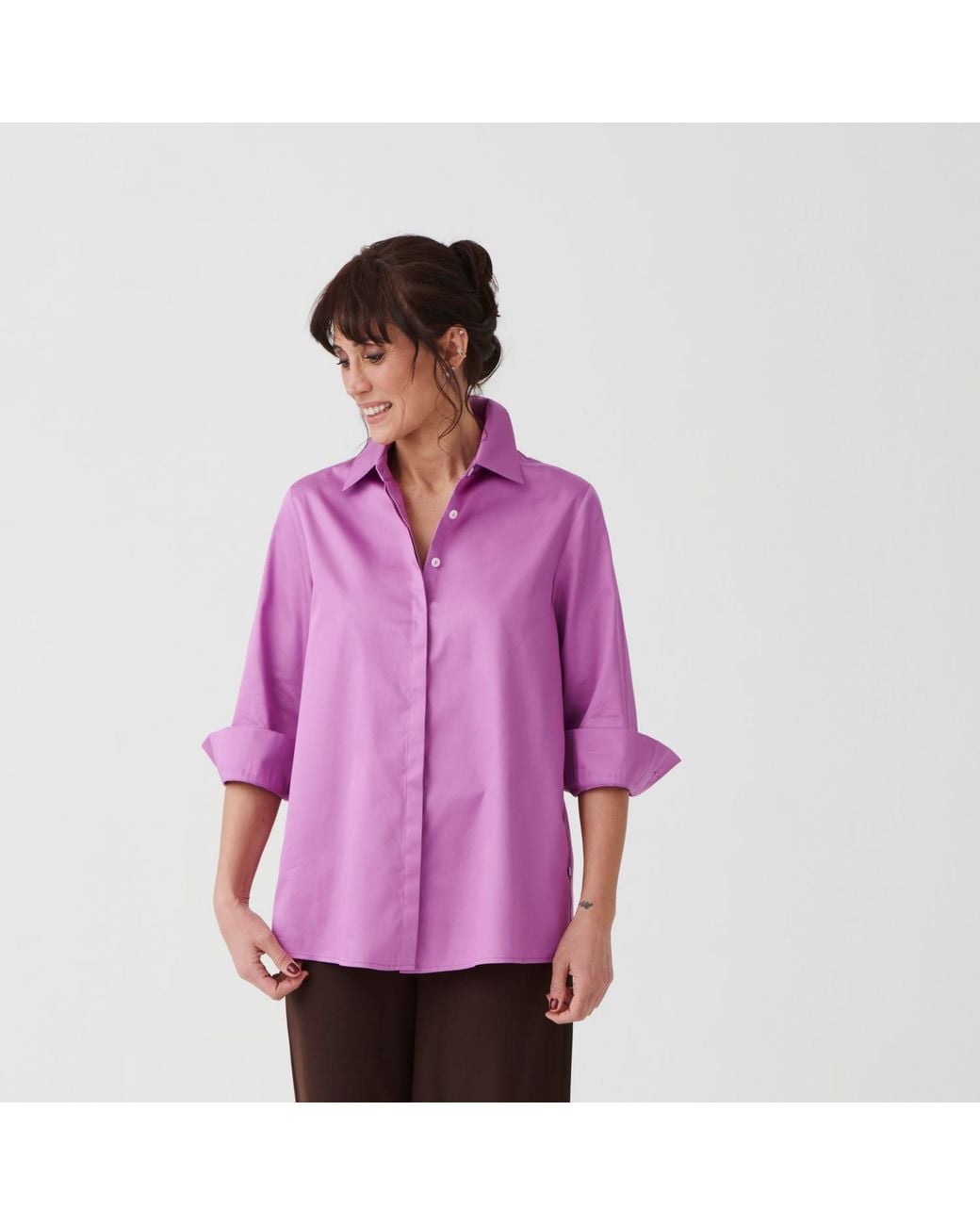 Perlavera Purple Cely Burgundy Solid Cotton Satin Three Quarter Sleeve Length Missy Fit Shirt