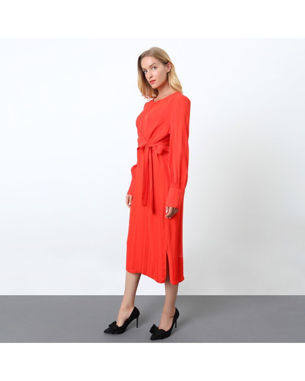 Smart and Joy Red Draped Blouse Dress With Side Bow