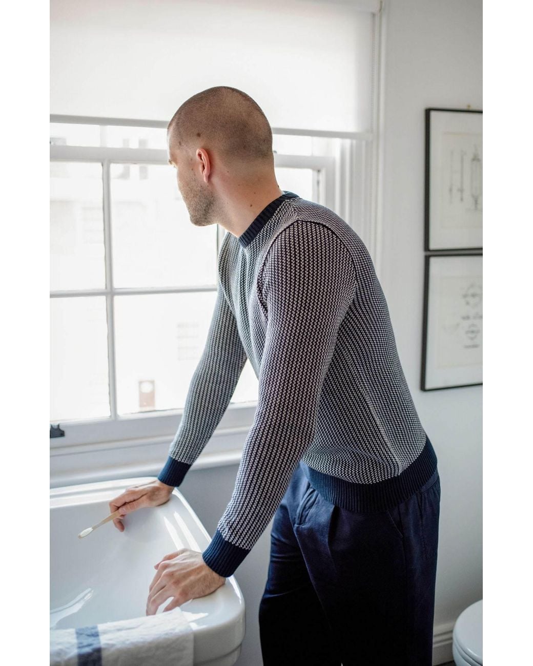 Paul James Knitwear Blue Cotton Fisherman Tuck Stitch Jumper for men