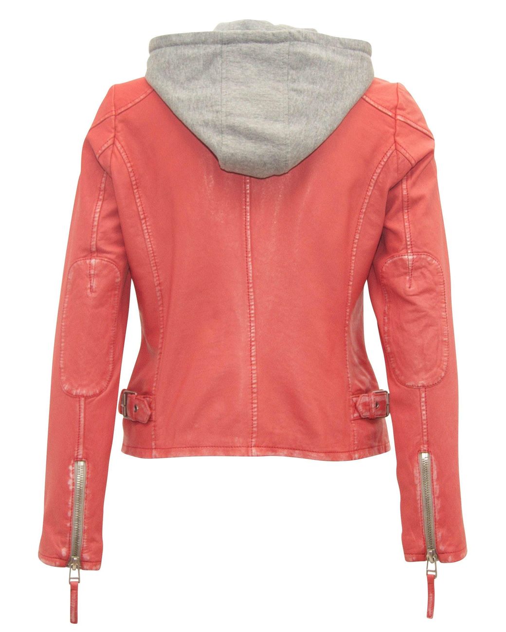 Mauritius Red Leather Moto Jacket Removable Hood Finja Coral