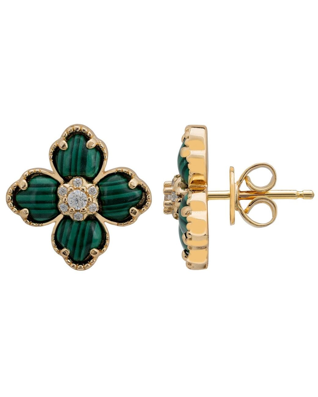 Latelita London Green Flower Clover Malachite Stud Earrings