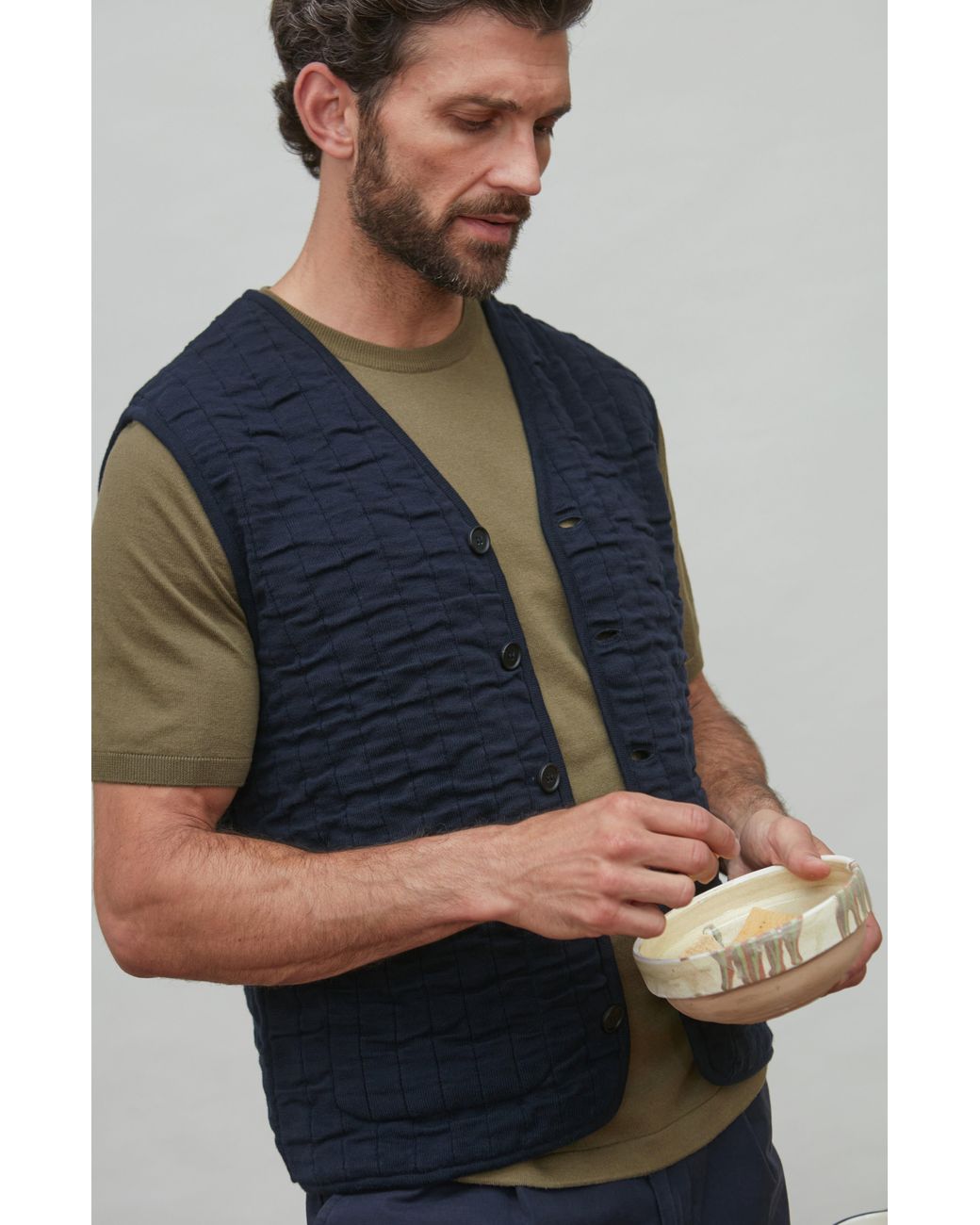 Paul James Knitwear Blue Cotton Forrester Quilted Knitted Gilet for men