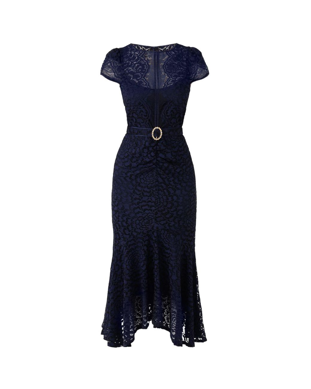 SACHA DRAKE Blue Affair Of Honour Scalloped Lace Midi Dress