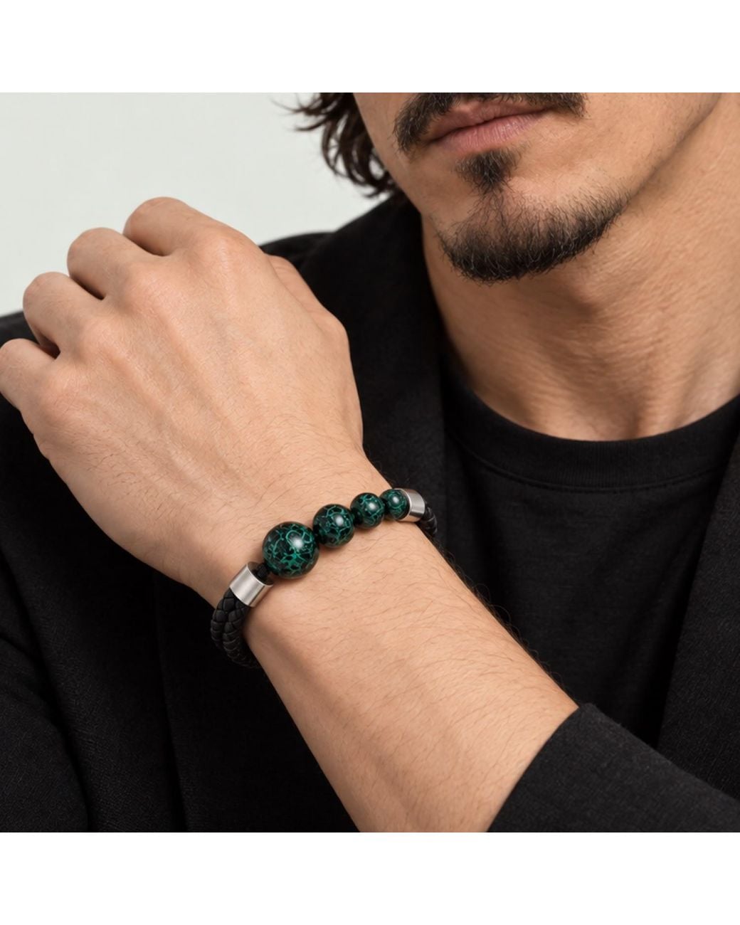 Yieon Black Aurora Lacquered Sandalwood Bead & Leather Bracelet