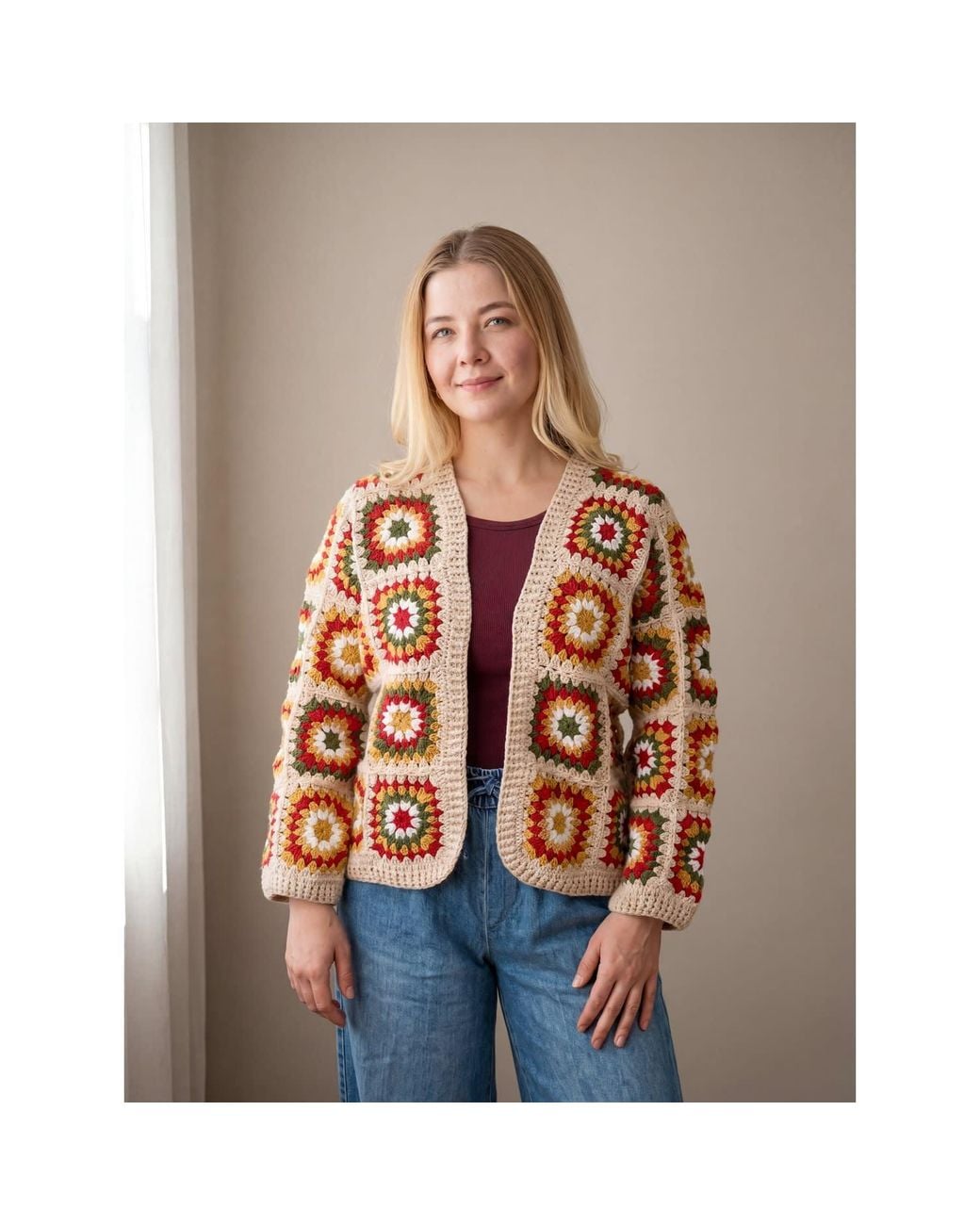 Ana Chic Orange Cream Boho Granny Square Handmade Crochet Cardigan