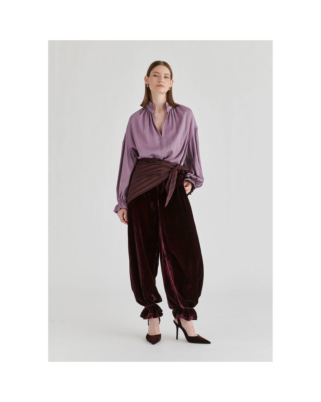 Paisie Brown Velvet Wide-Leg Trousers With Separate Elastic Ankle Bands