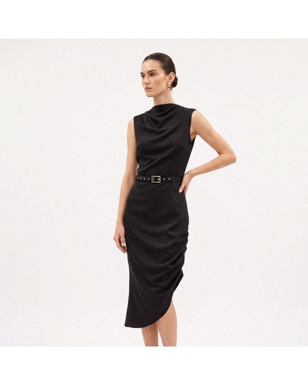 AVENUE No.29 Black Cowl Neckline Asymmetric Viscose Midi Dress